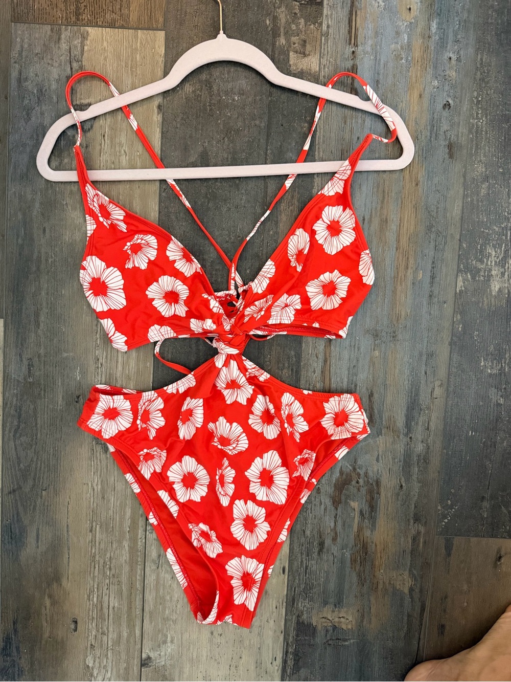 Lulu's Red Floral Cutout Tie-Front One-Piece Swimsuit with White Blooms